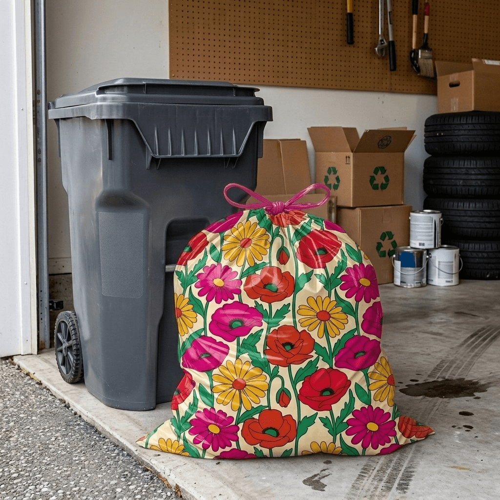 A Good Riddance designer trash bag, set out at the curb